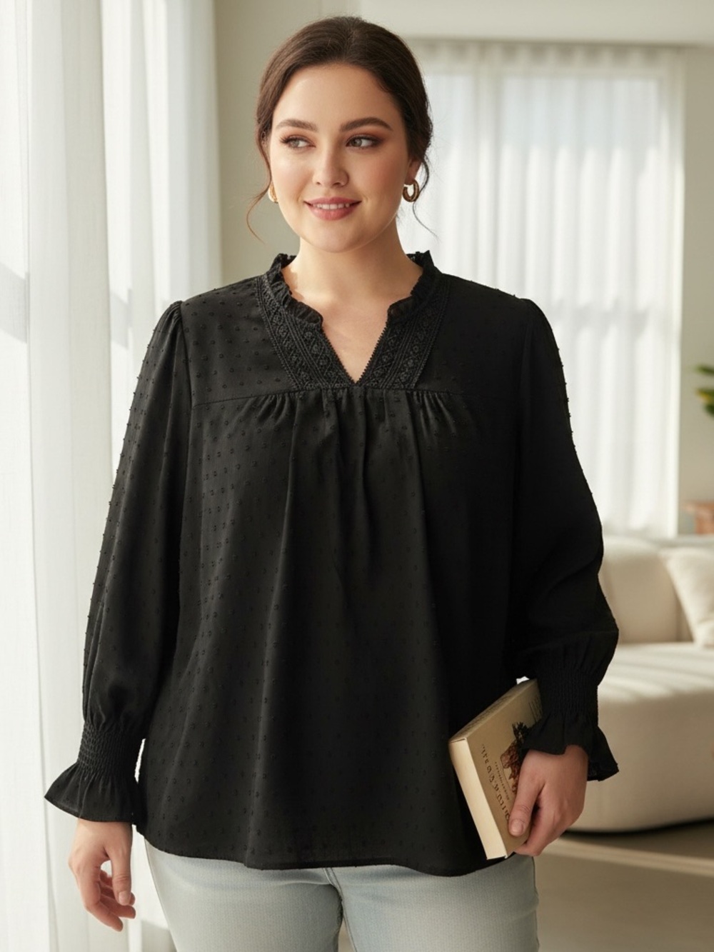 Falechay 3XL Black Chiffon V-Neck Peasant Blouse Lace Ruffle Bell Sleeve R $39